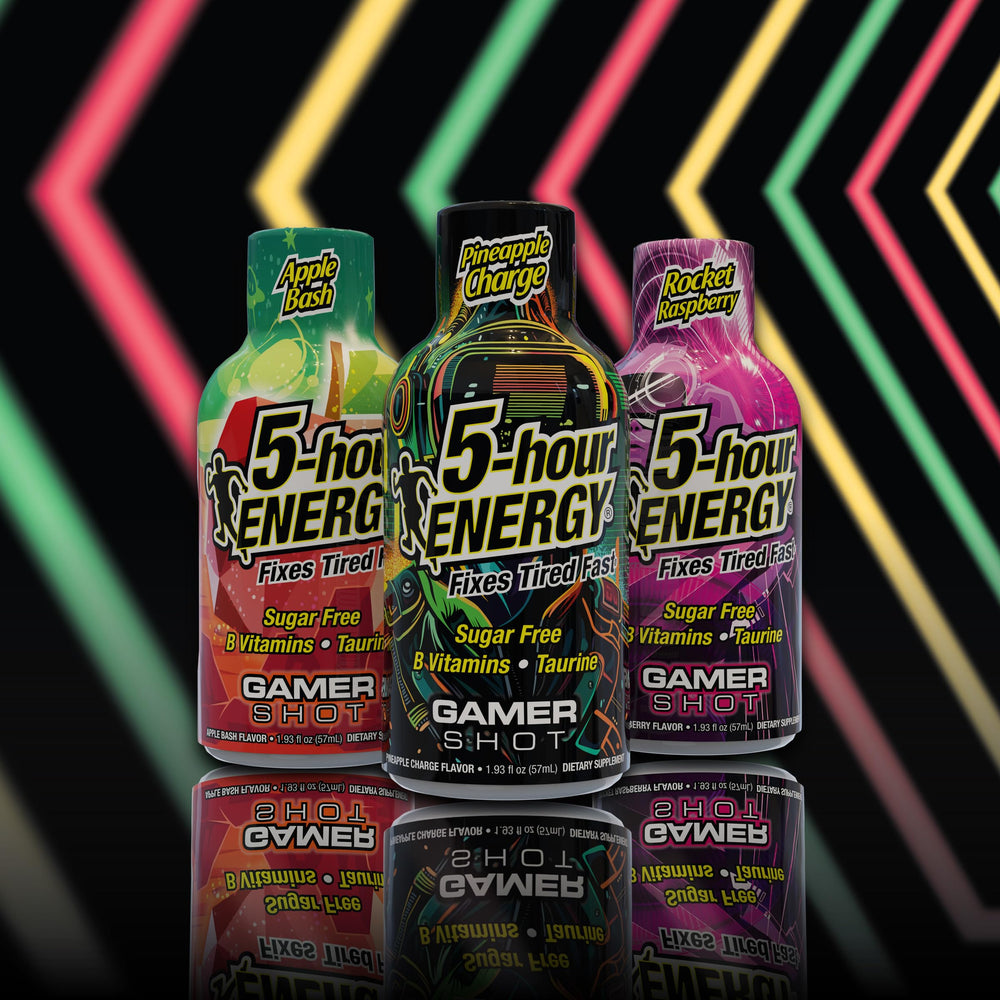 5-hour ENERGY Gamer Shots logo with product shot emphasizes zero sugar benefit.