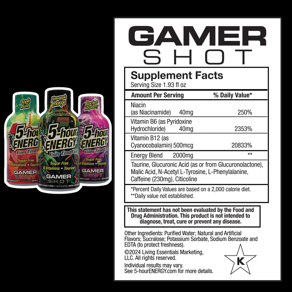 5-hour ENERGY Gamer Shots Rocket Raspberry bottle boosts alertness for late-night play.