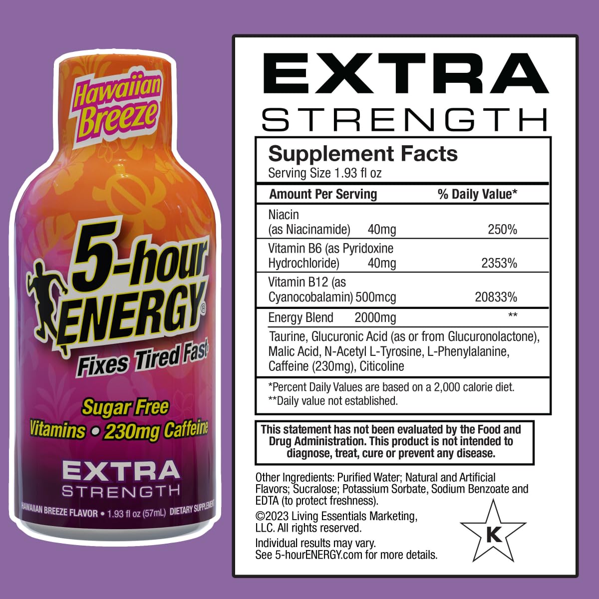 5-hour ENERGY Hawaiian Breeze bottle back with nutrition details