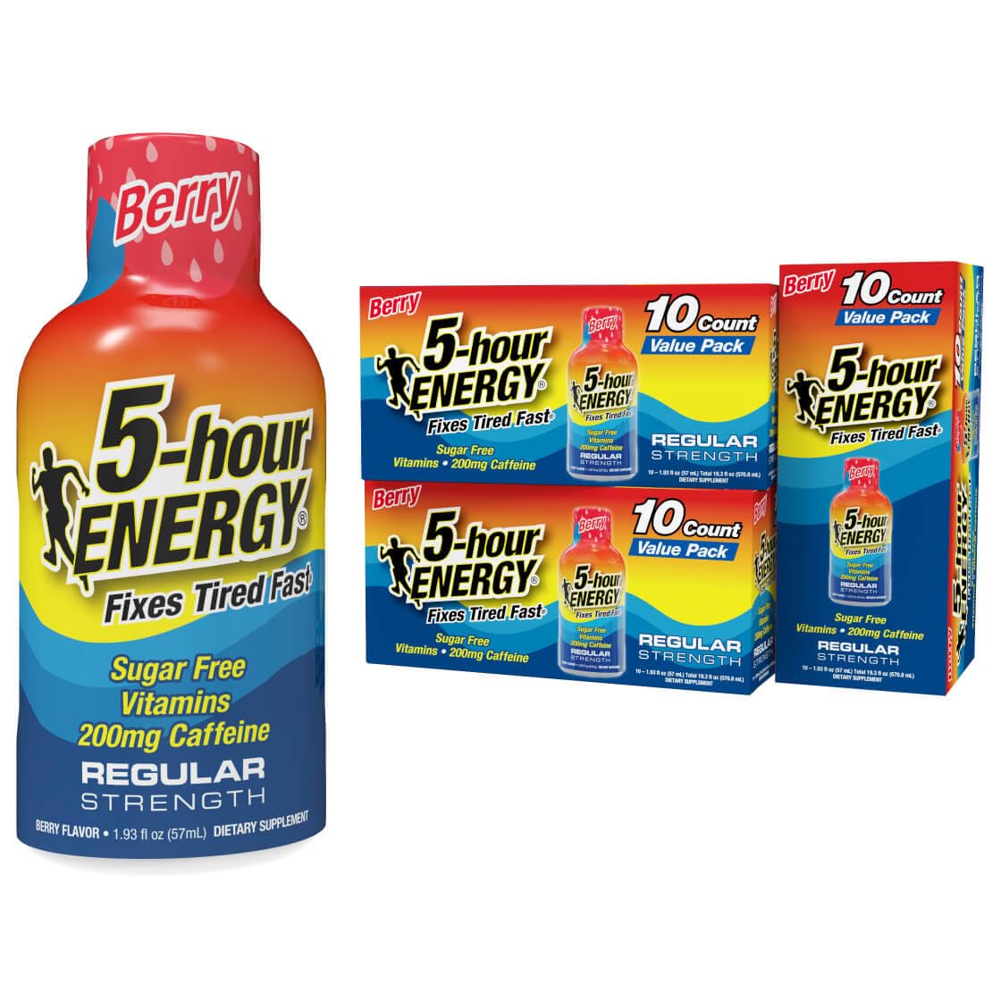 5-hour ENERGY Berry bottle shows sugar-free, zero-calorie energy for on-the-go boosts.