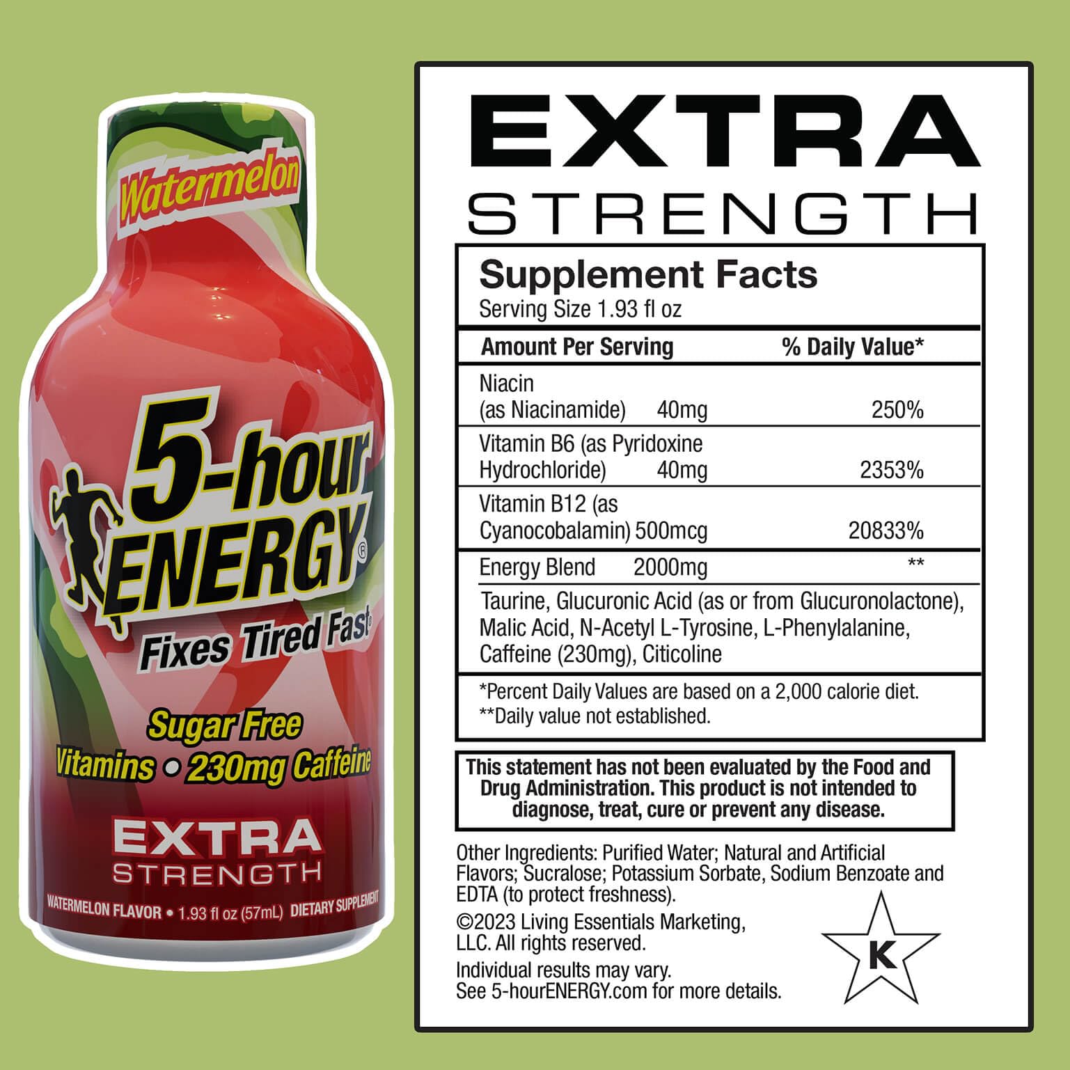5-hour ENERGY Watermelon shot bottle close-up highlights compact bottle design.