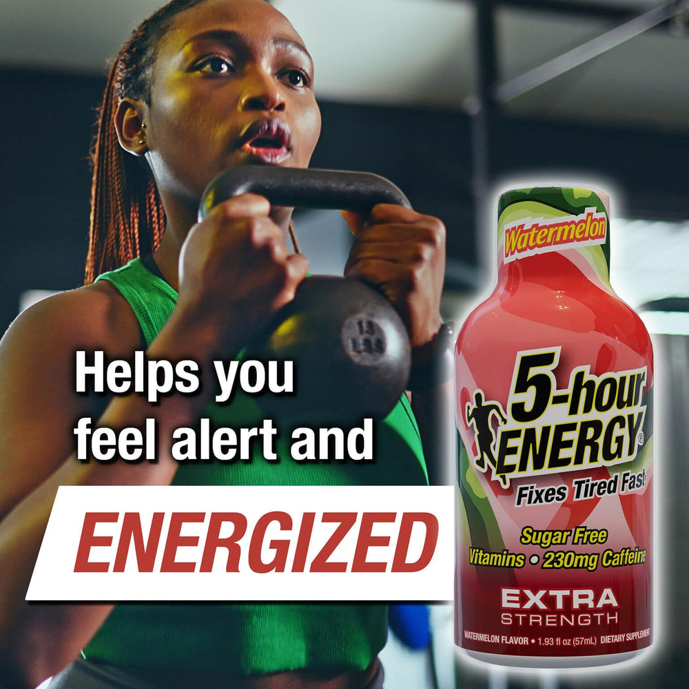 Close-up of open 5-hour ENERGY Watermelon bottle showing zero calories and sugar-free formula.