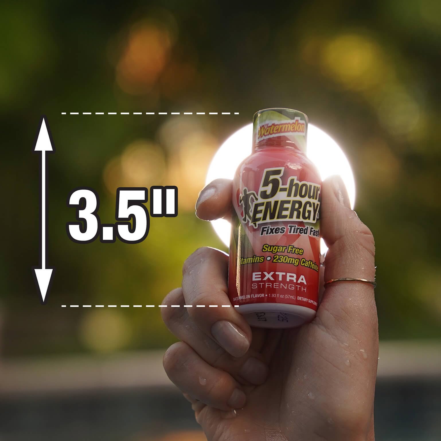 Back-of-pack view shows caffeine, vitamins, amino acids for quick energy.