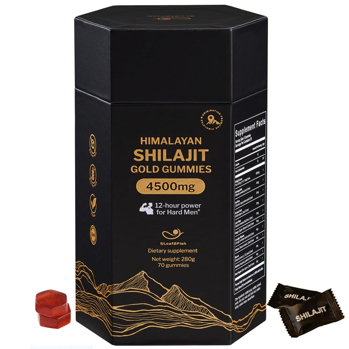 5Loaf2Fish Shilajit Gummies bottle signaling a mineral-rich daily vitality supplement.