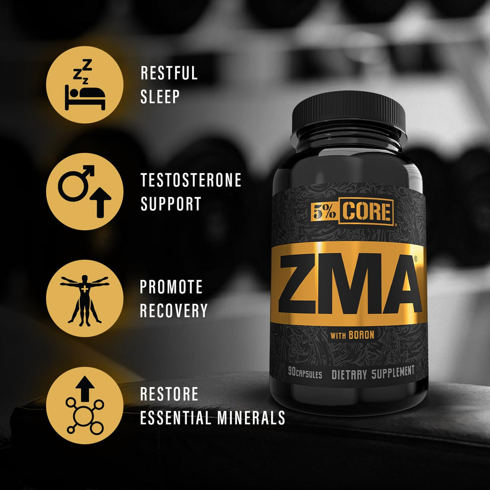 5% Nutrition Core ZMA bottle dispensing action illustrating daily supplementation