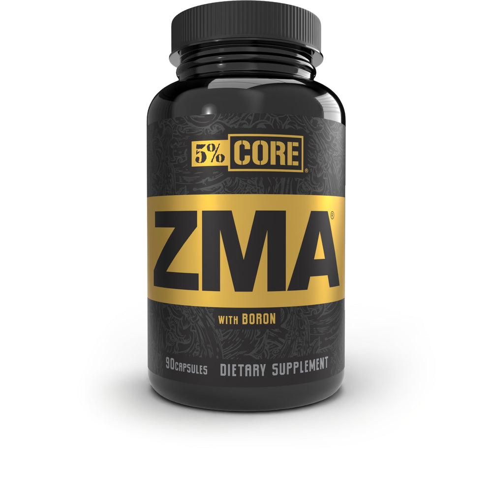 5% Nutrition Core ZMA bottle front showing brand and 90-count capsules for daily recovery