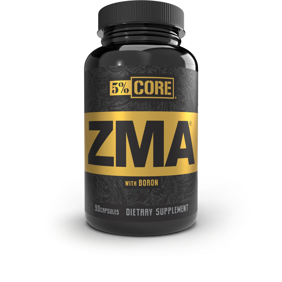 5% Nutrition Core ZMA bottle front showing brand and 90-count capsules for daily recovery