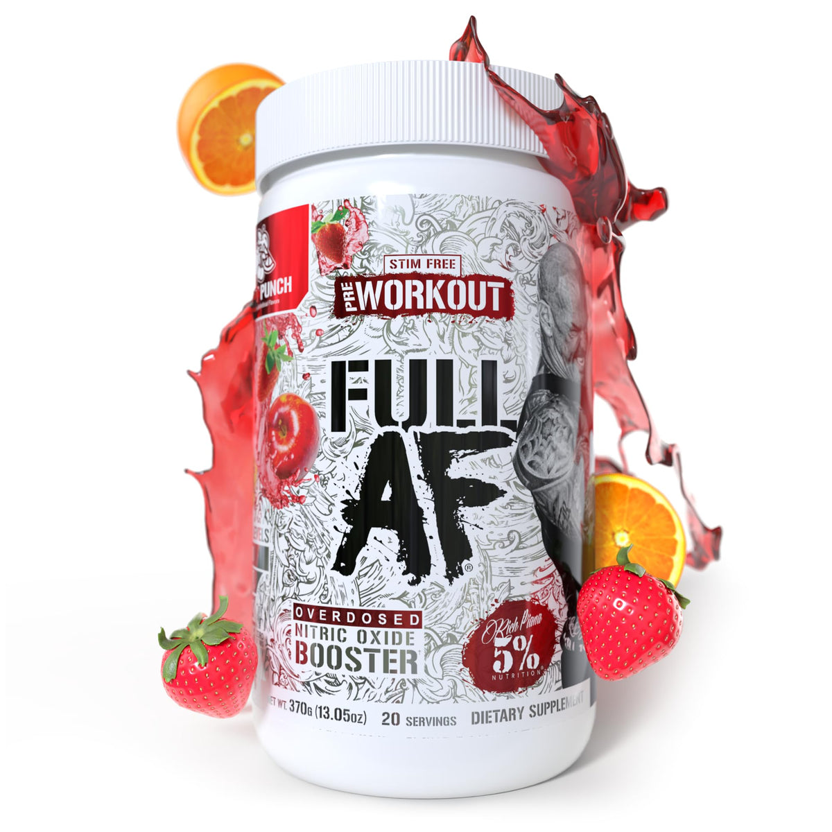 FullAF pre-workout tub in Fruit Punch showing caffeine-free pump potential