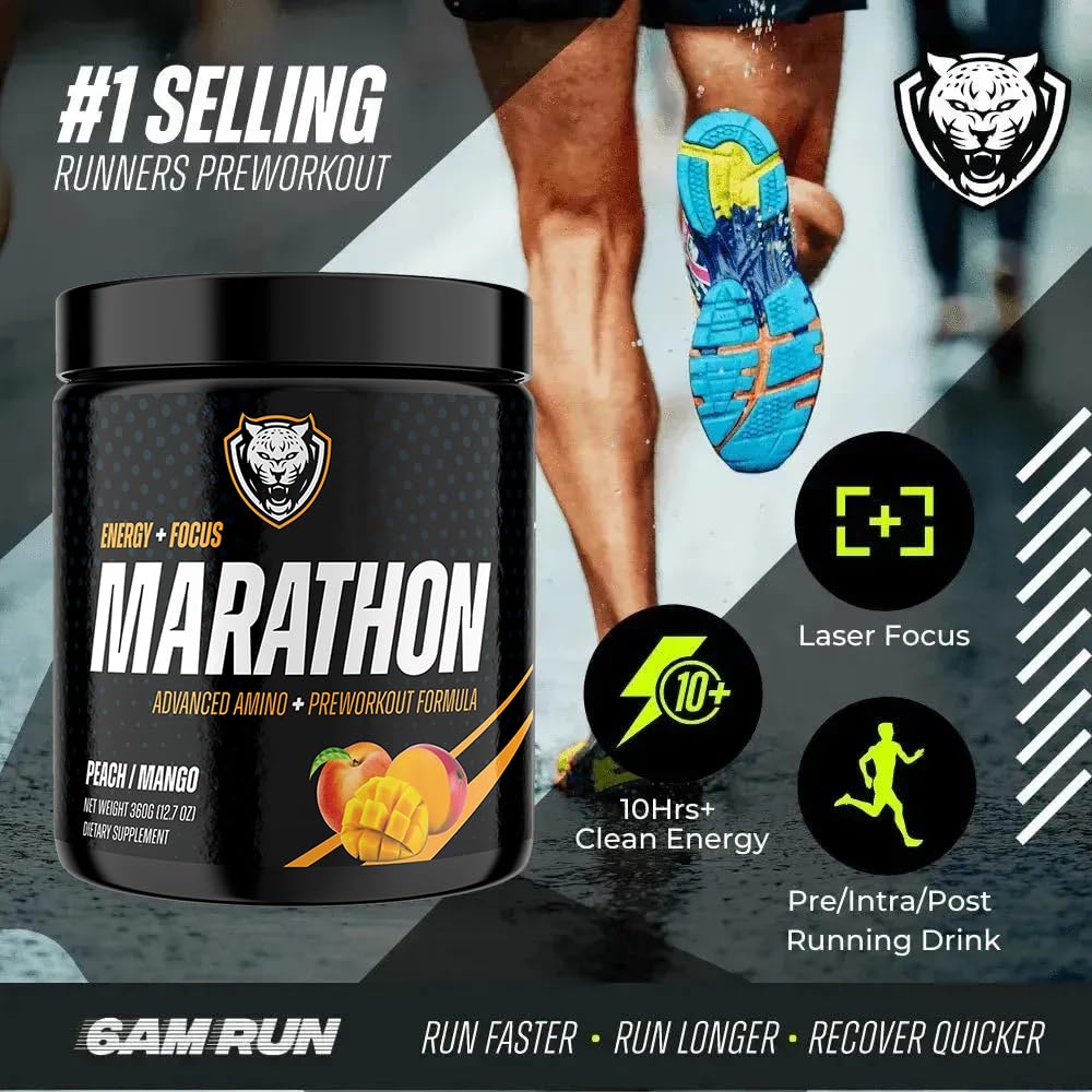 6AM Run Amino Energy Peach Mango bottle ready for endurance sessions