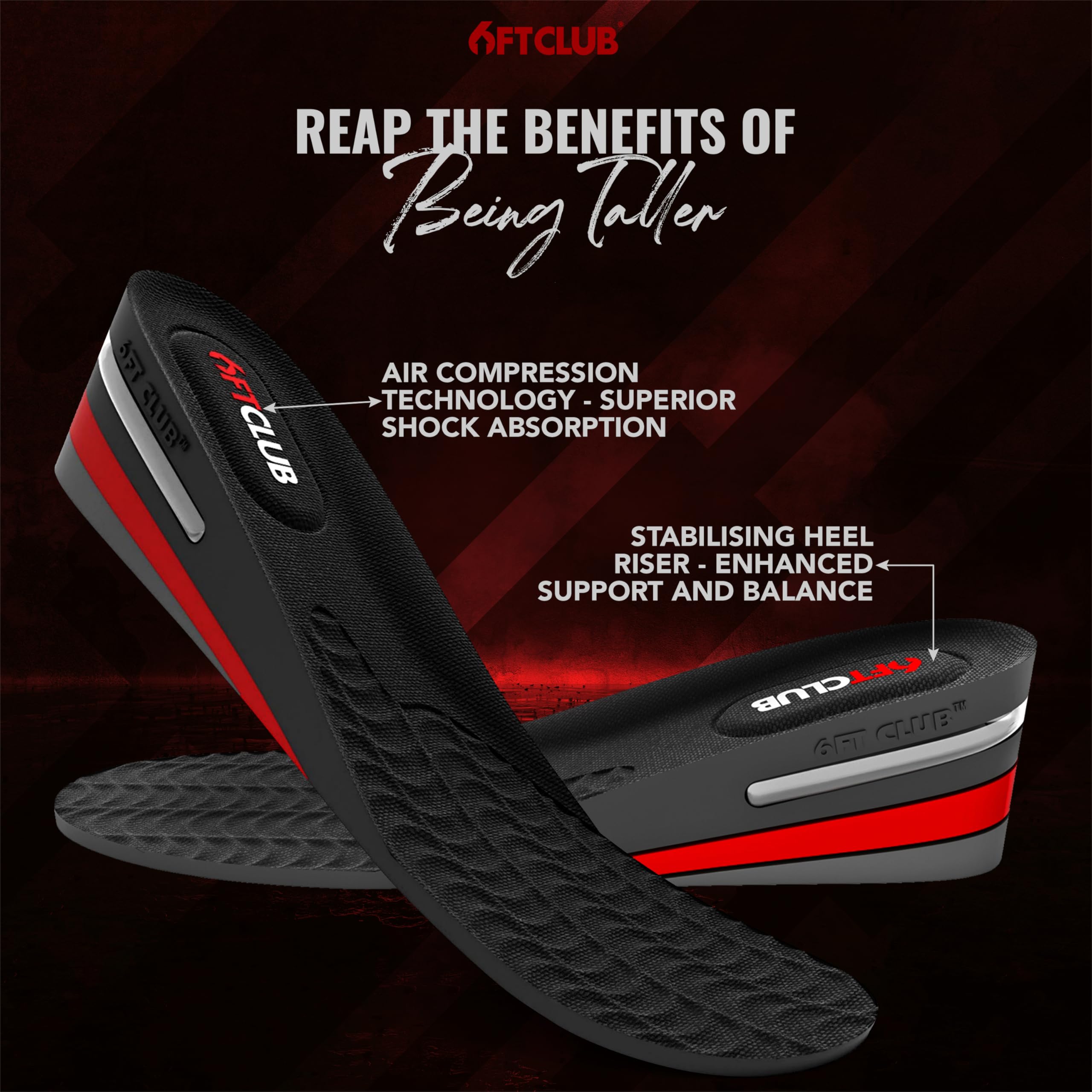 6FT CLUB 2nd Gen height-insole packaging showcases easy setup and layering.