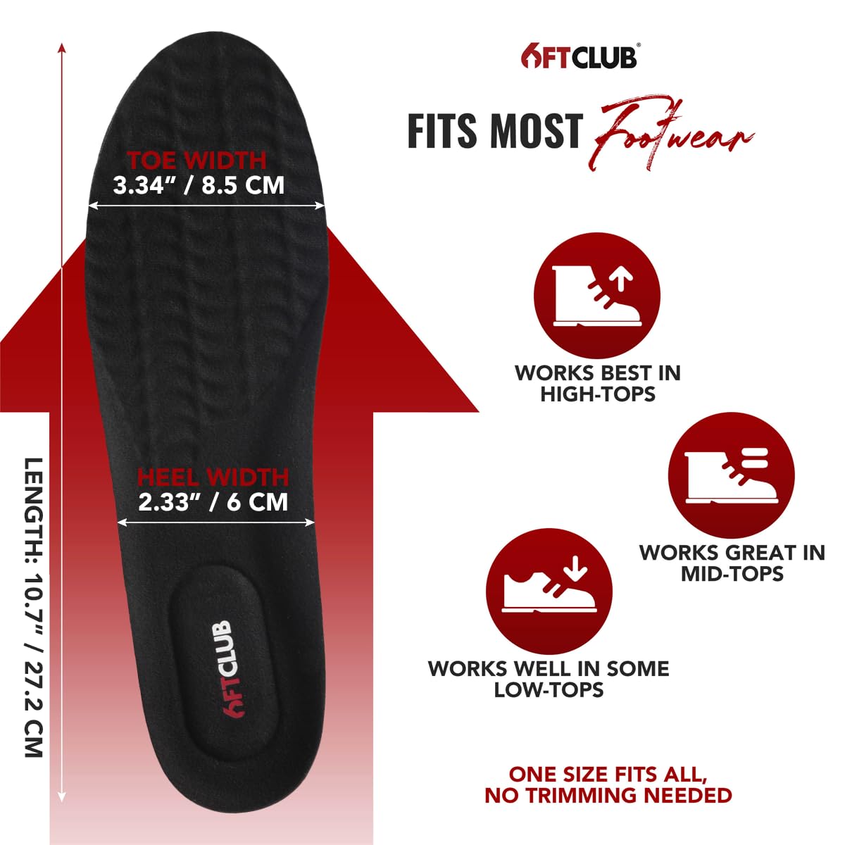 6FT CLUB 2nd Gen height-insole ventilated design keeps feet cooler during wear.