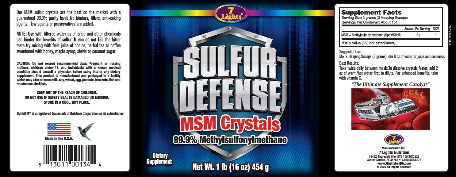 Seven Lights Sulfur Defense Opti-MSM packaging label highlighting vegan non-GMO features