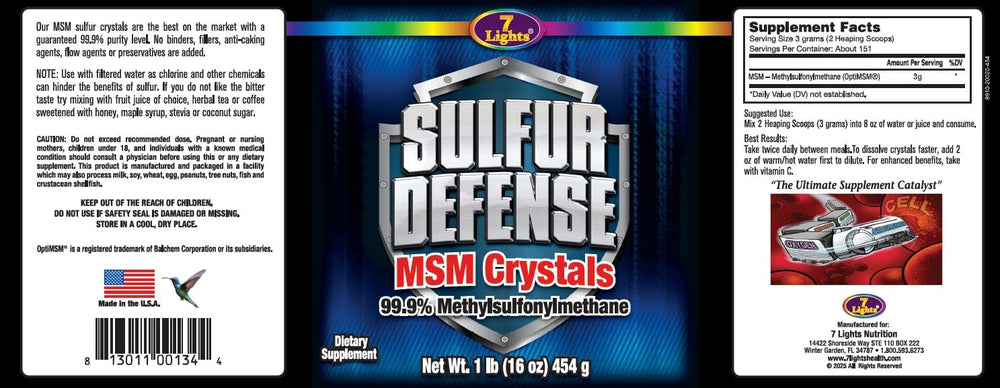 Seven Lights Sulfur Defense Opti-MSM packaging label highlighting vegan non-GMO features