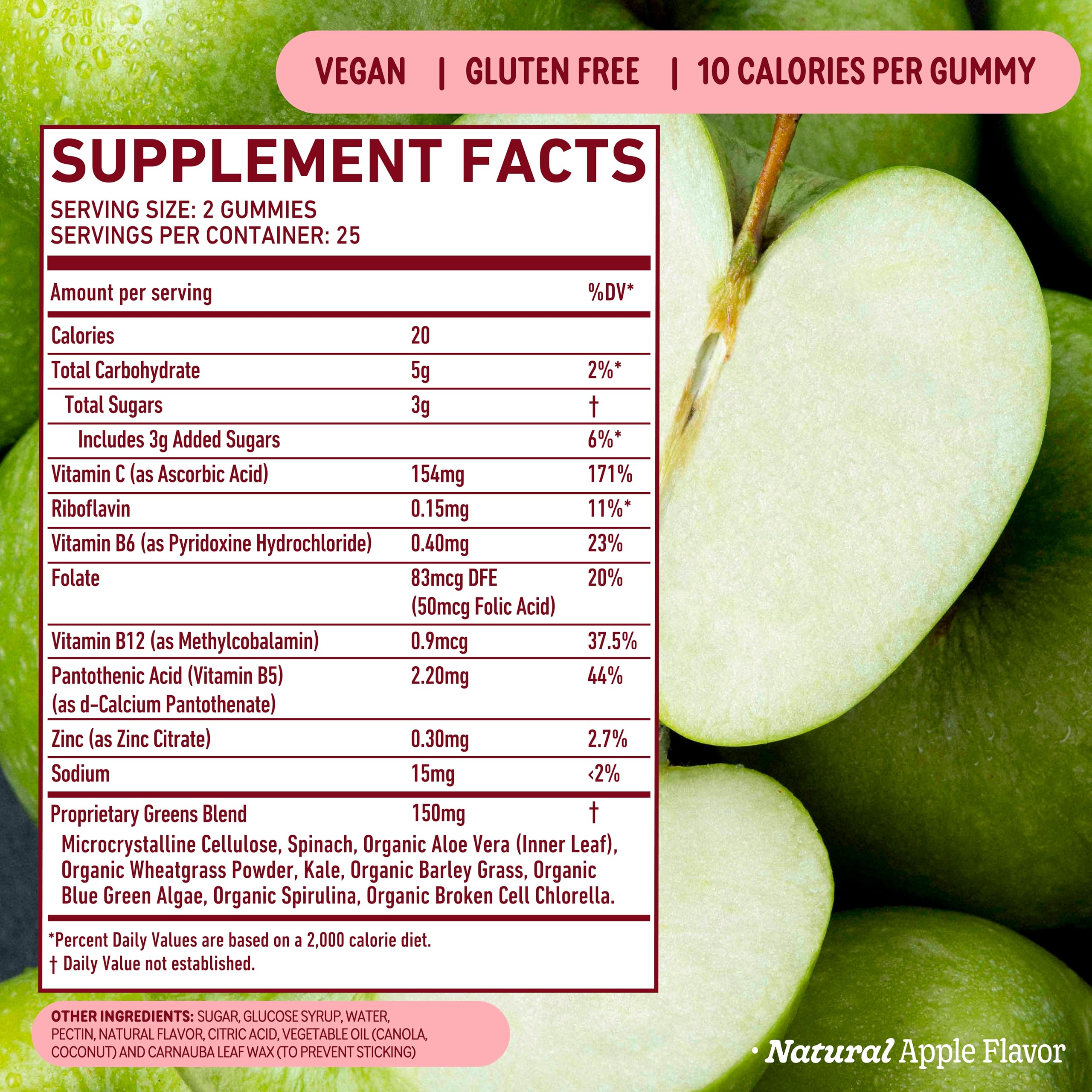 8Greens Daily Greens Gummies Apple ingredients shot featuring spinach, wheatgrass.