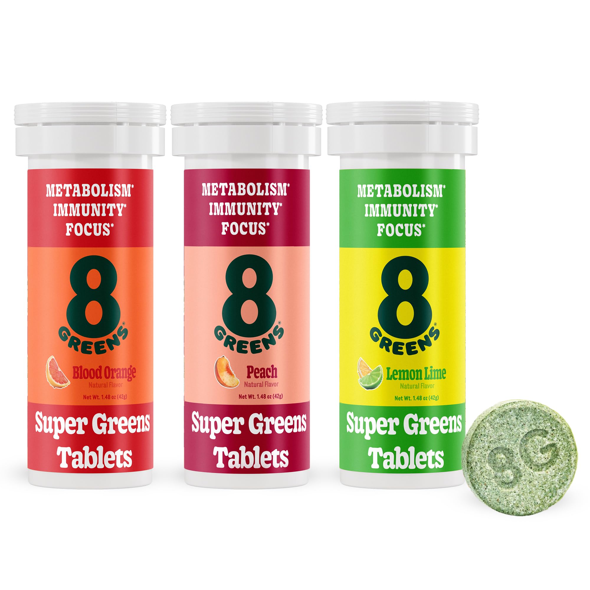 Label highlights spinach, wheatgrass and spirulina inside 8Greens ingredients.