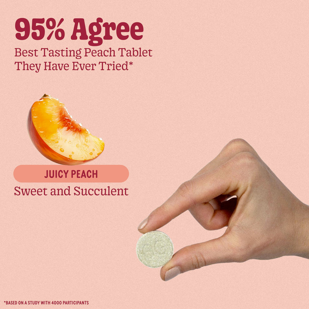 8Greens Peach-flavor tablets ready to mix into water for a tasty daily sip.