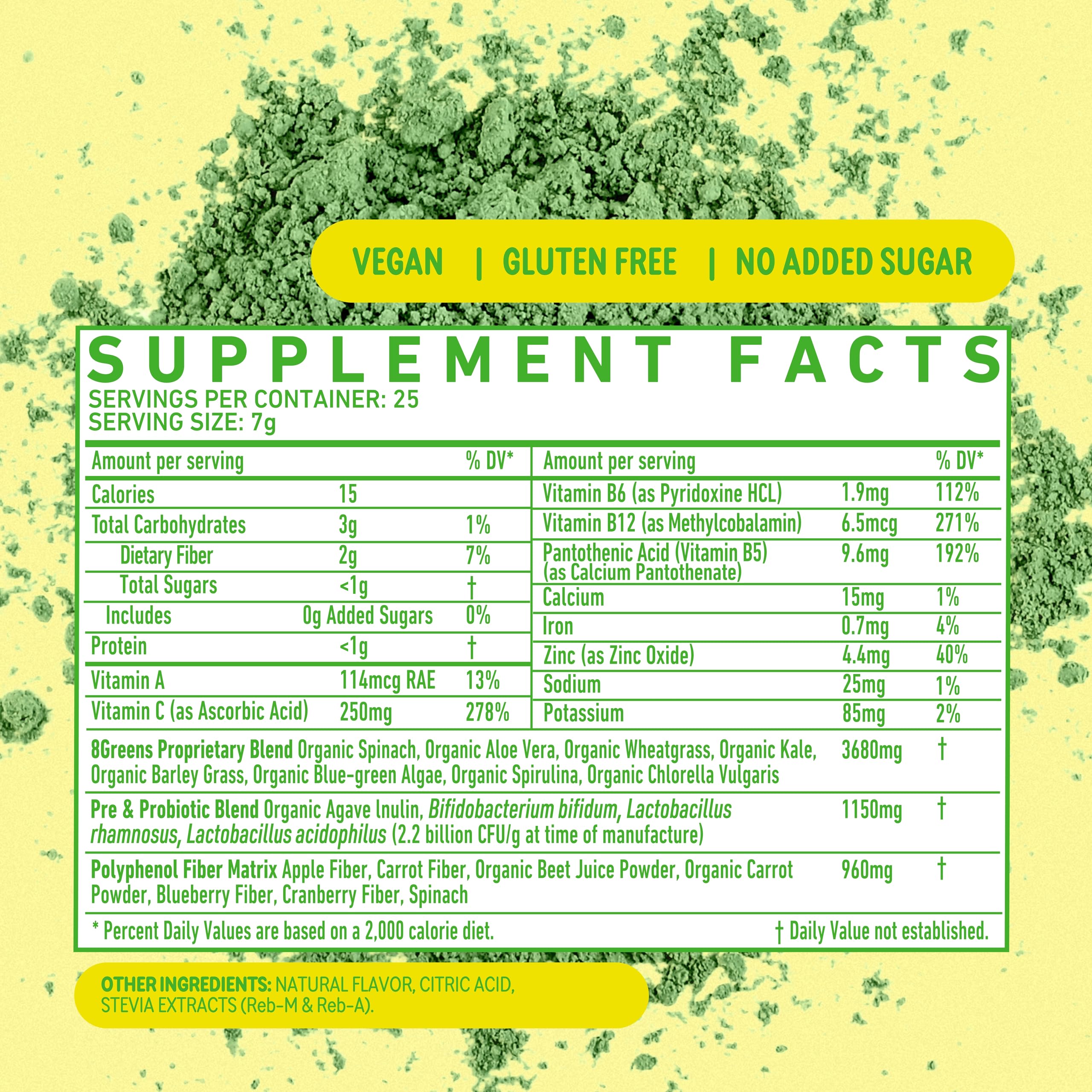 8Greens spirulina and chlorella ingredients close-up highlights greens