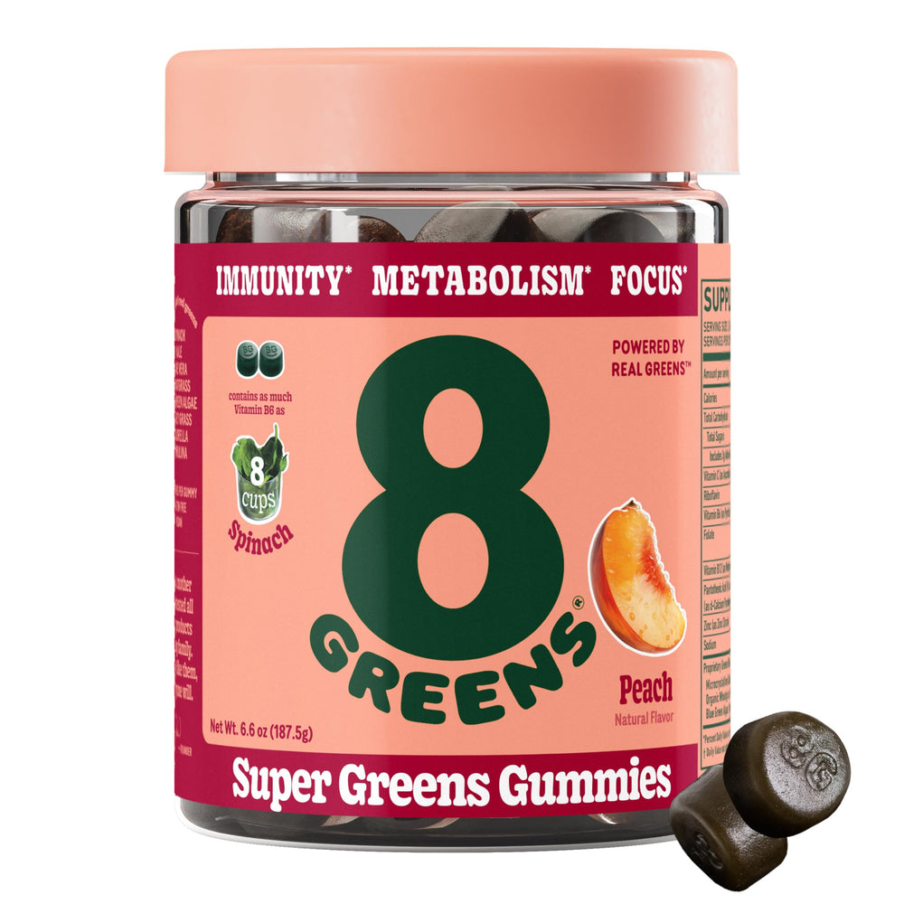 8Greens Supergreens Gummies bottle front, peach flavor, convenient daily nutrition reminder.