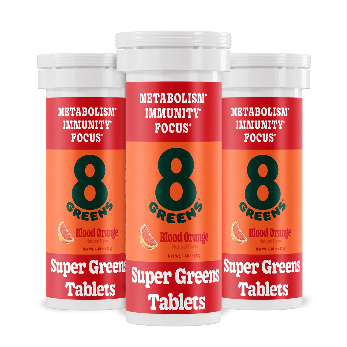 8Greens Supergreens tablets bottle front, convenient daily greens boost.