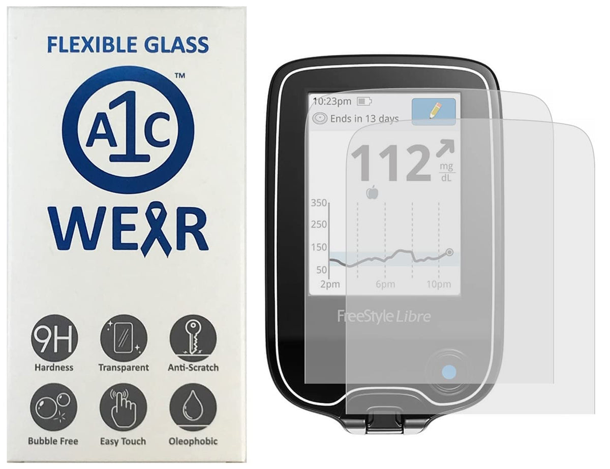 A1C WEAR nanoflexible glass protector guards Freestyle Libre screens for scratch resistance.