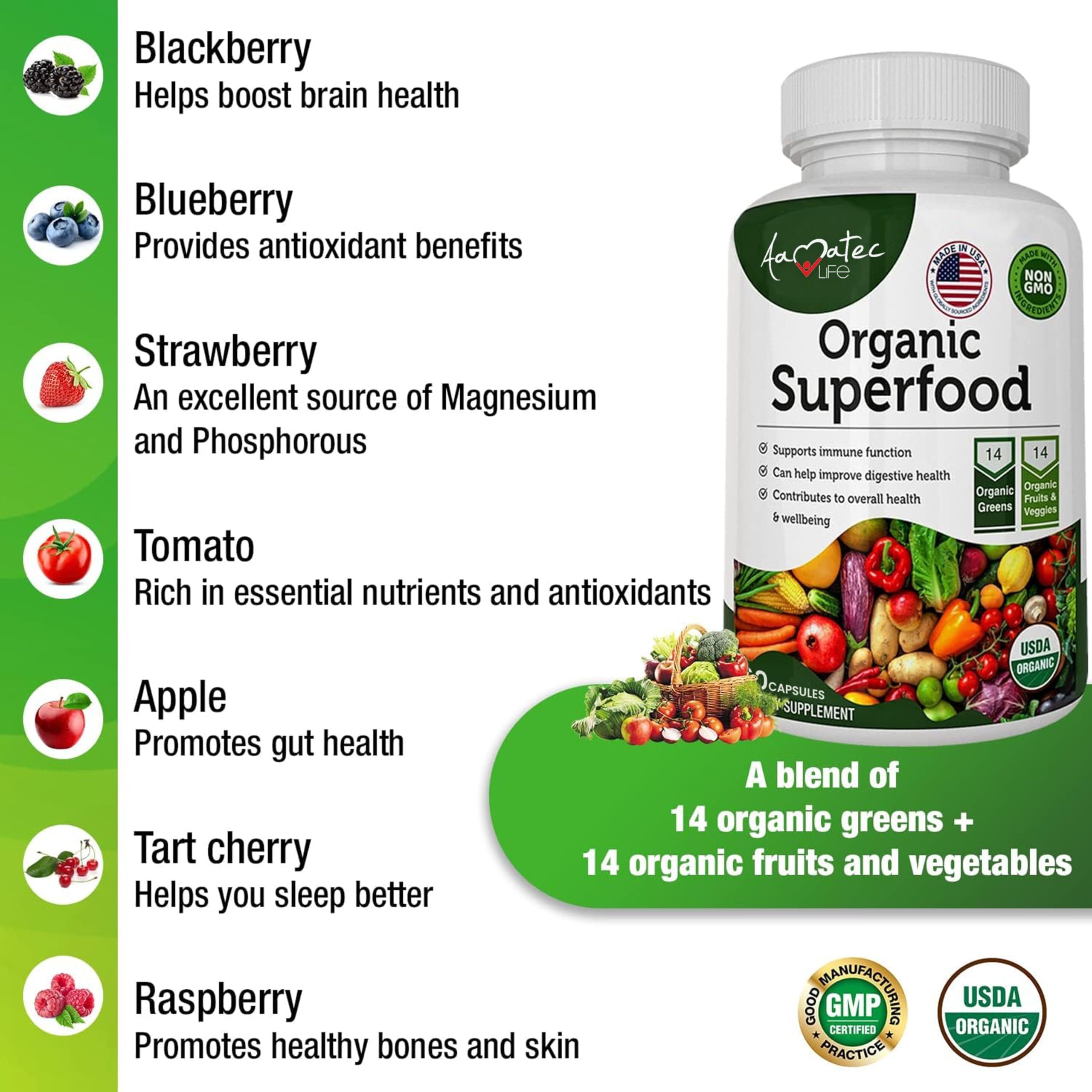 AAMATEC LIFE certified organic non-GMO seal on bottle