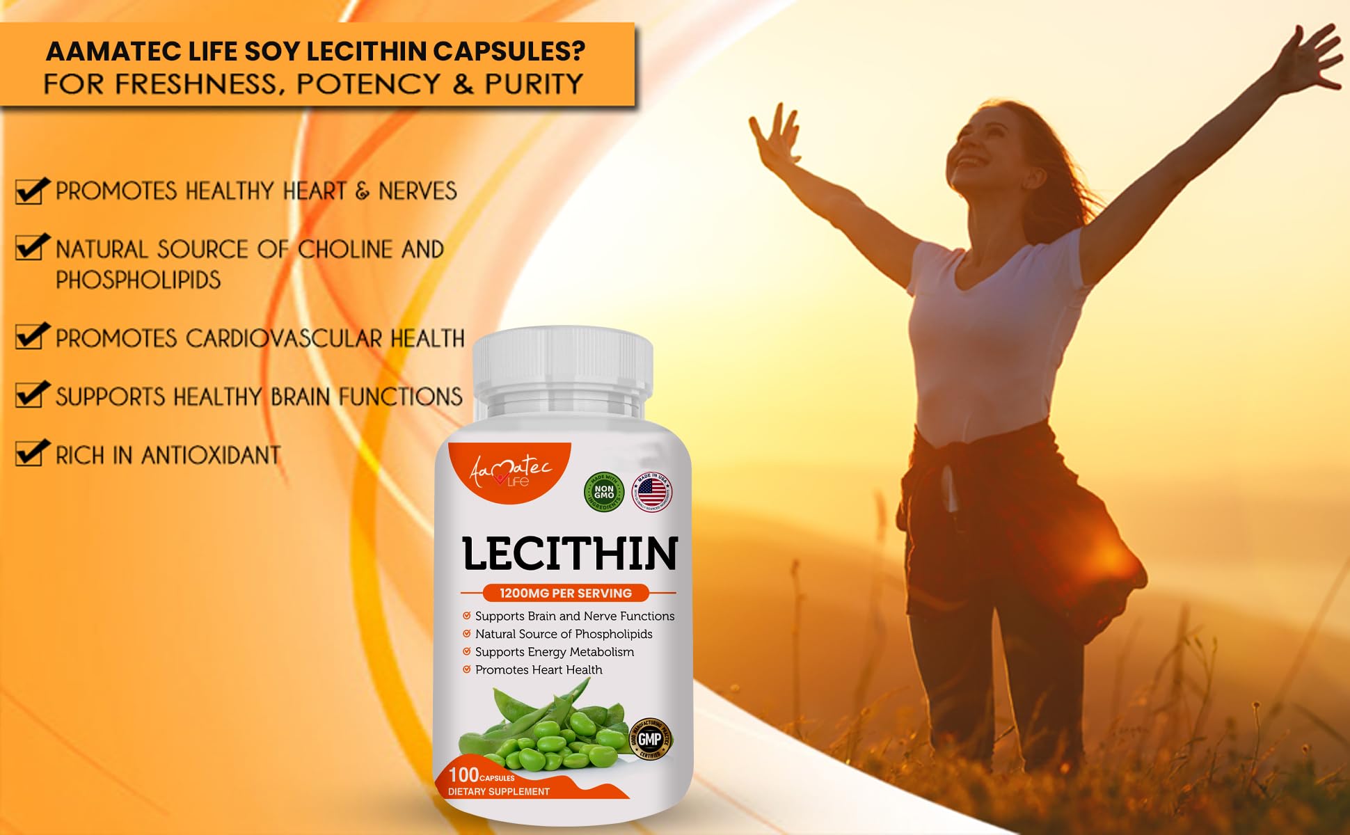 USA-made GMP-certified label on AAMATEC LIFE lecithin reinforces non-GMO quality