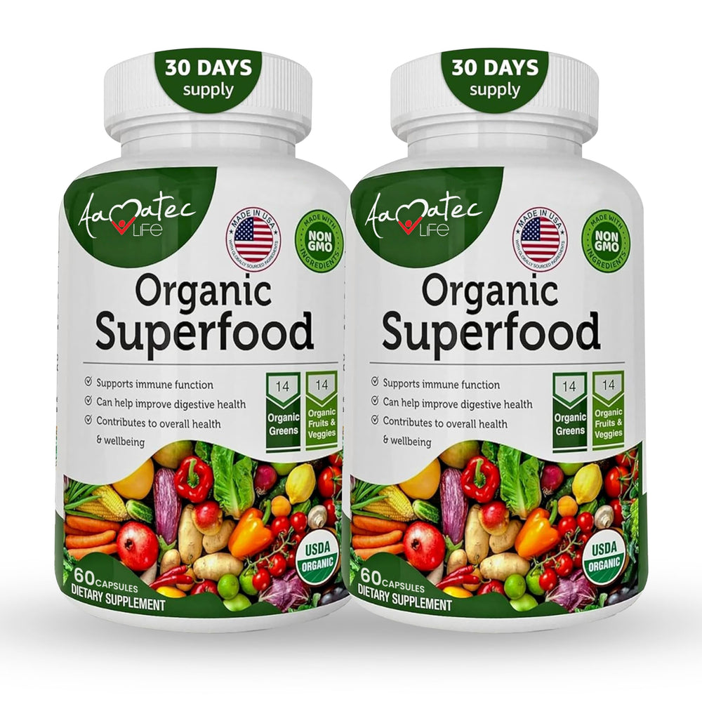 AAMATEC LIFE organic superfood bottle front showing non-GMO ingredients