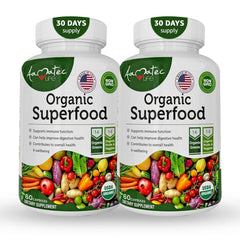 AAMATEC LIFE organic superfood bottle front showing non-GMO ingredients