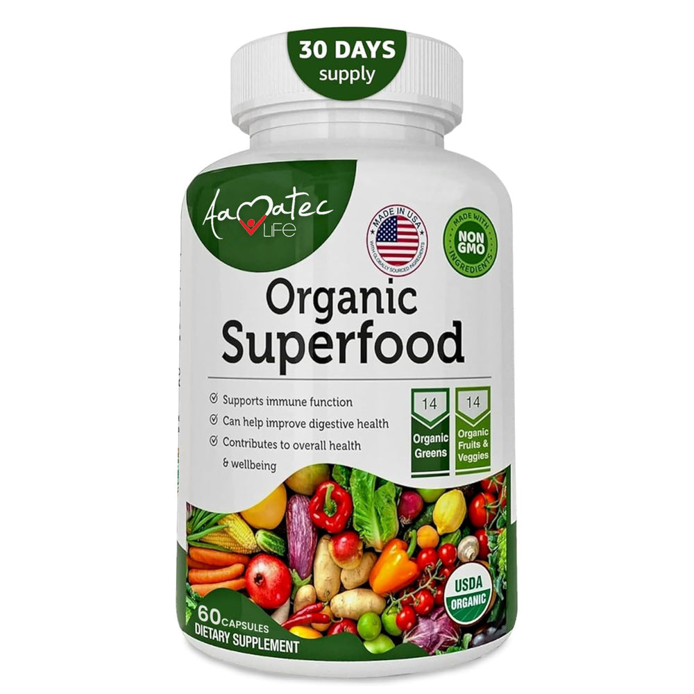 AAMATEC LIFE Organic Superfood Greens and Fruits bottle showing antioxidant-rich blend