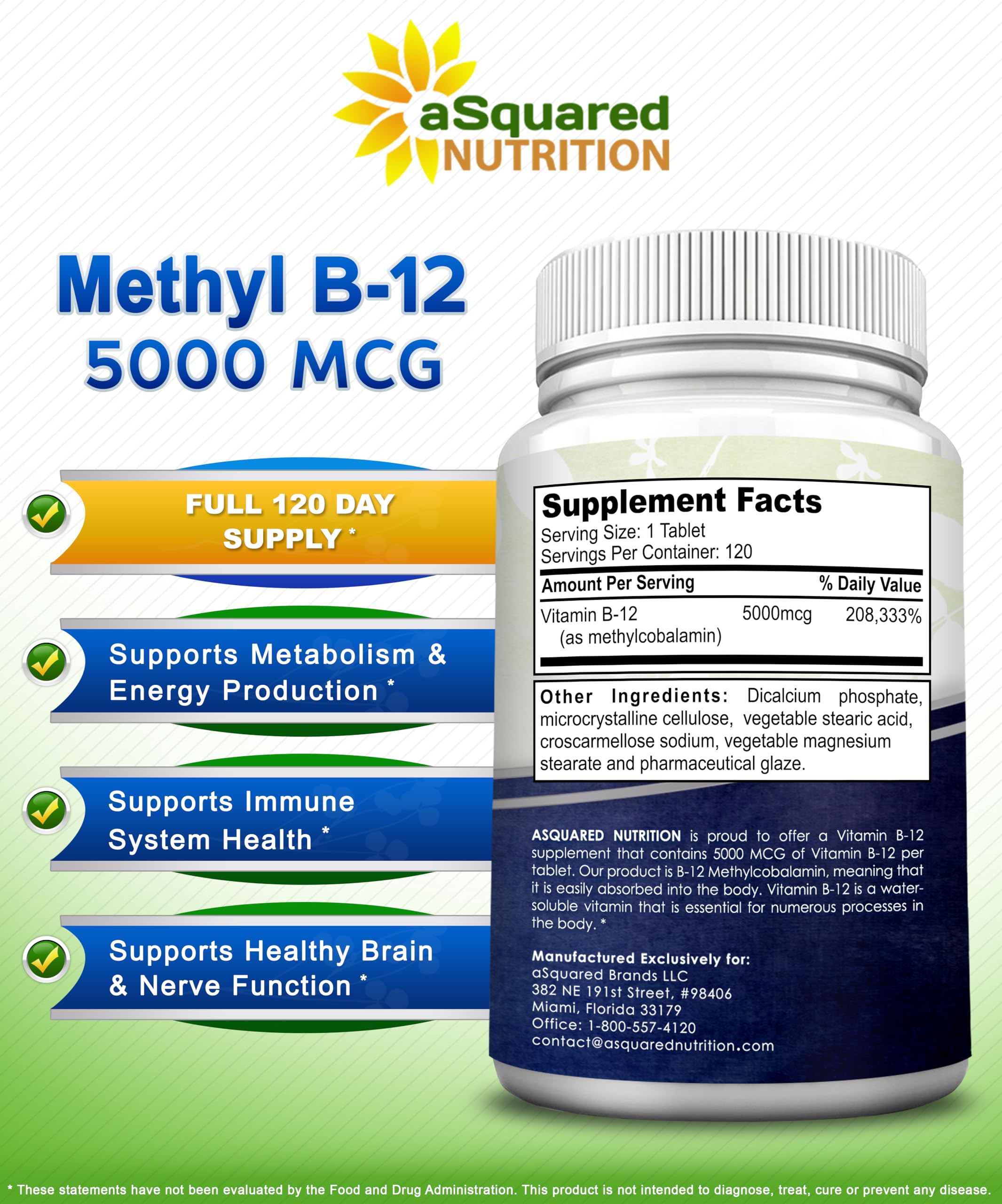 aSquared Nutrition Vitamin B12 label highlights 5000 mcg per tablet, potential energy support