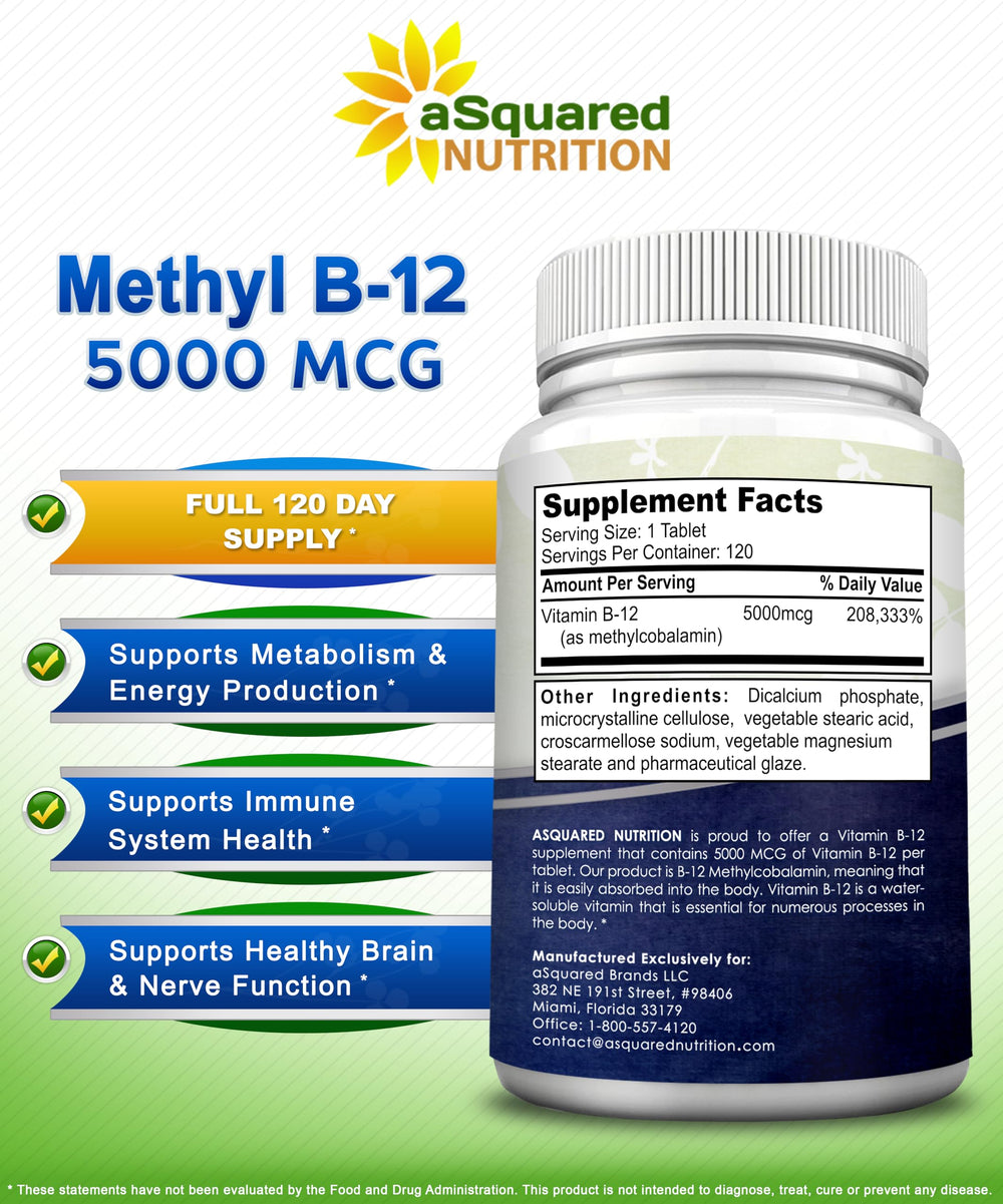 aSquared Nutrition Vitamin B12 label highlights 5000 mcg per tablet, potential energy support