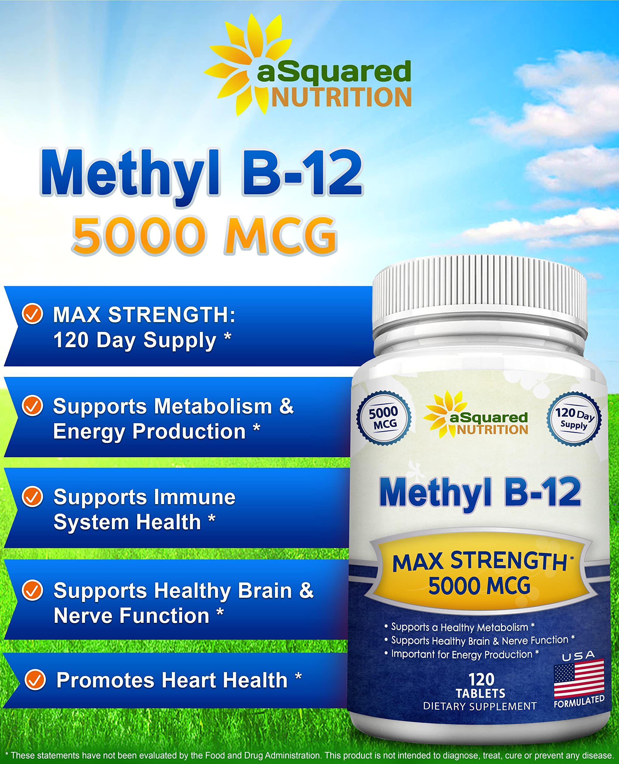 aSquared Nutrition Vitamin B12 bottle back label, detailing dosage for informed use