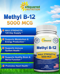aSquared Nutrition Vitamin B12 bottle back label, detailing dosage for informed use