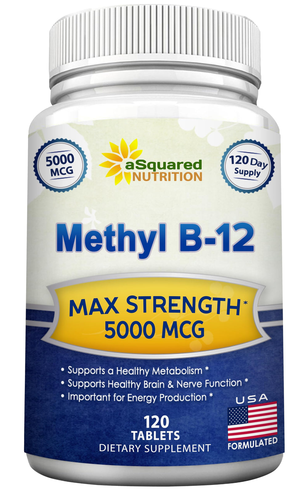 aSquared Nutrition Vitamin B12 tablet front view, highlighting 5000 mcg potency for energy support