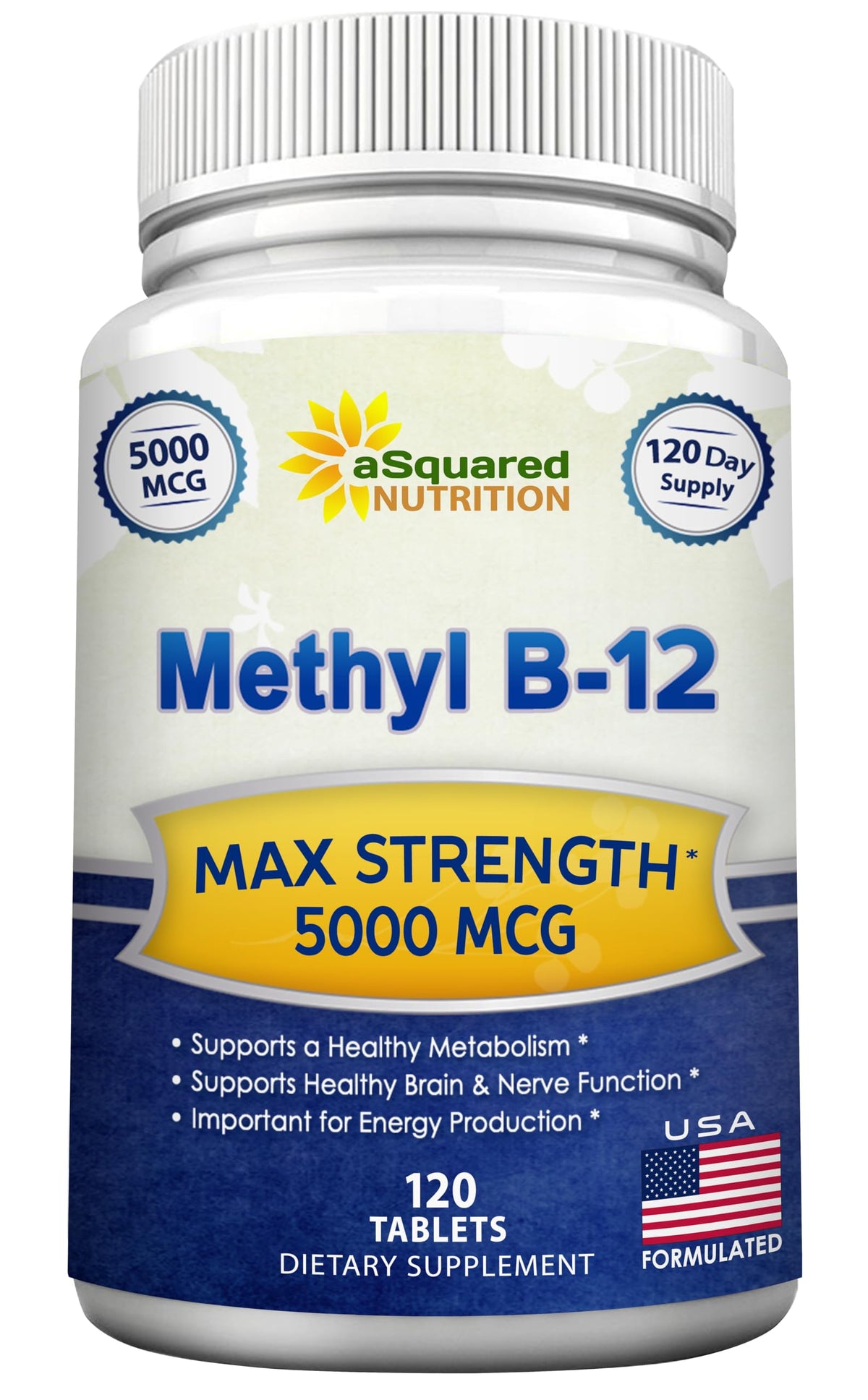 aSquared Nutrition Vitamin B12 tablet front view, highlighting 5000 mcg potency for energy support