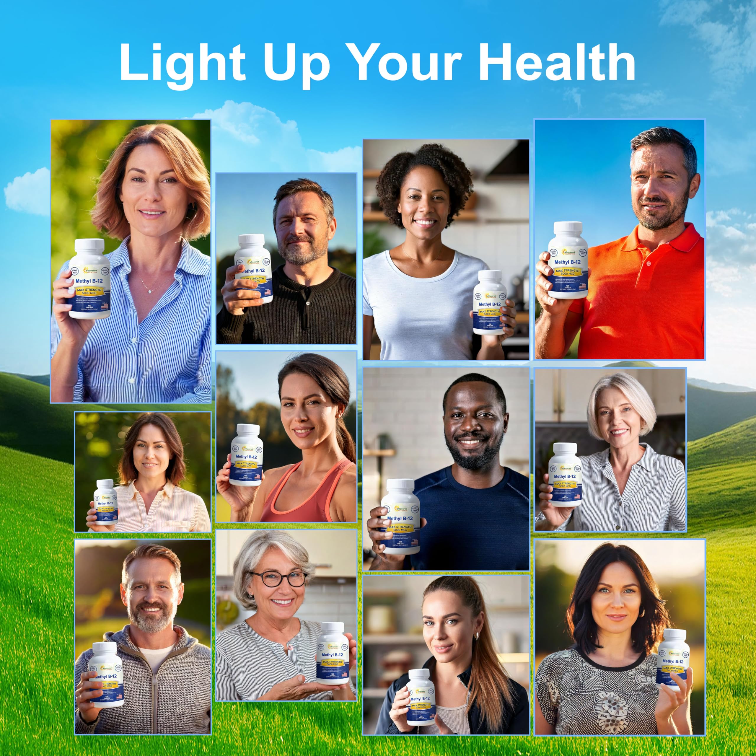 aSquared Nutrition Vitamin B12 tablets being poured from bottle, convenient daily dose