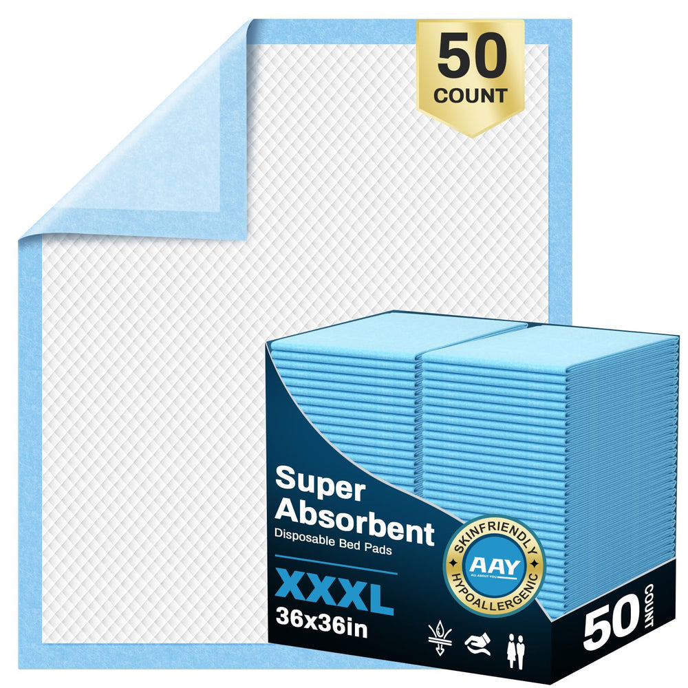 AAY disposable bed pad pack front shows 50 count for overnight protection