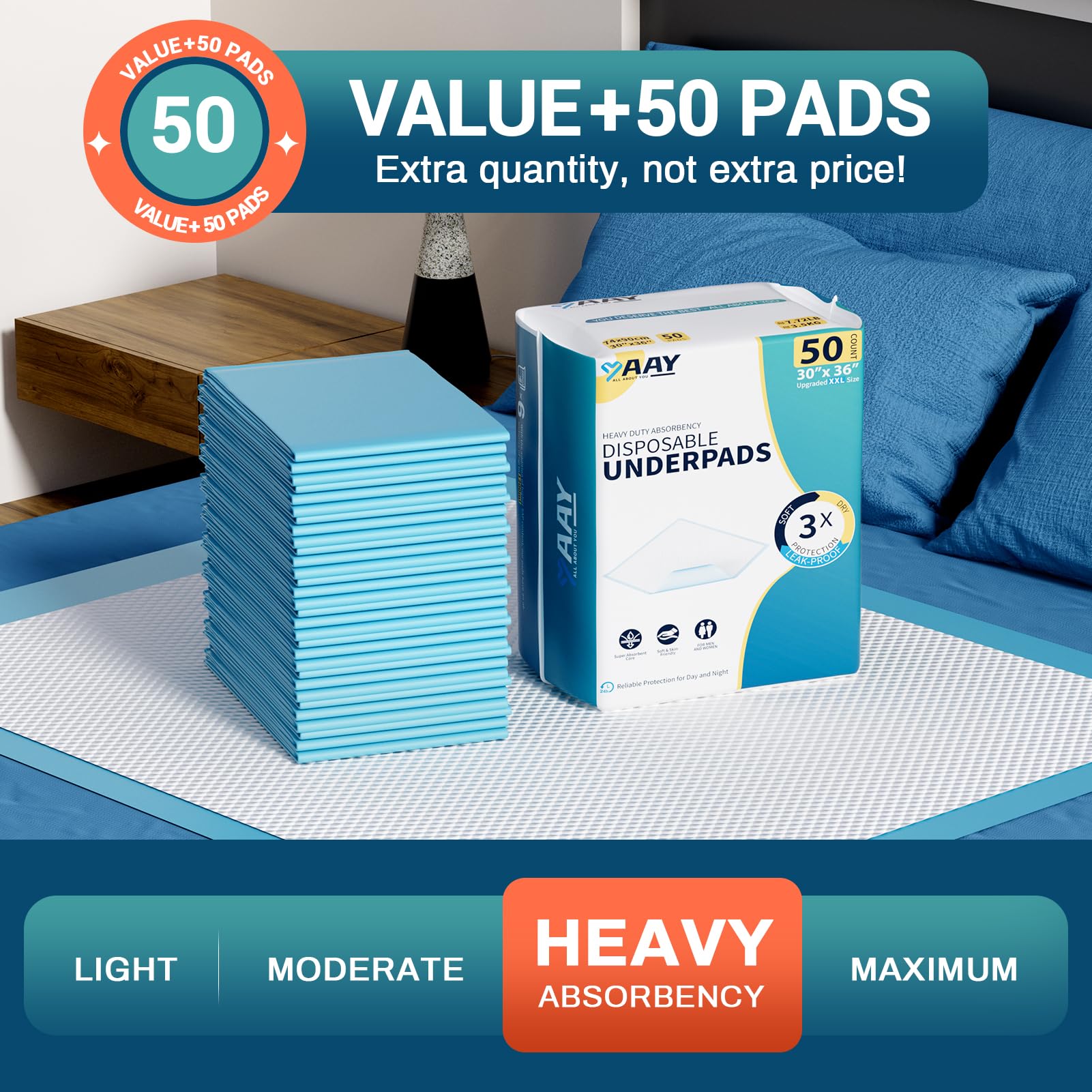 AAY bed pads travel packaging suggesting quick setup on the go