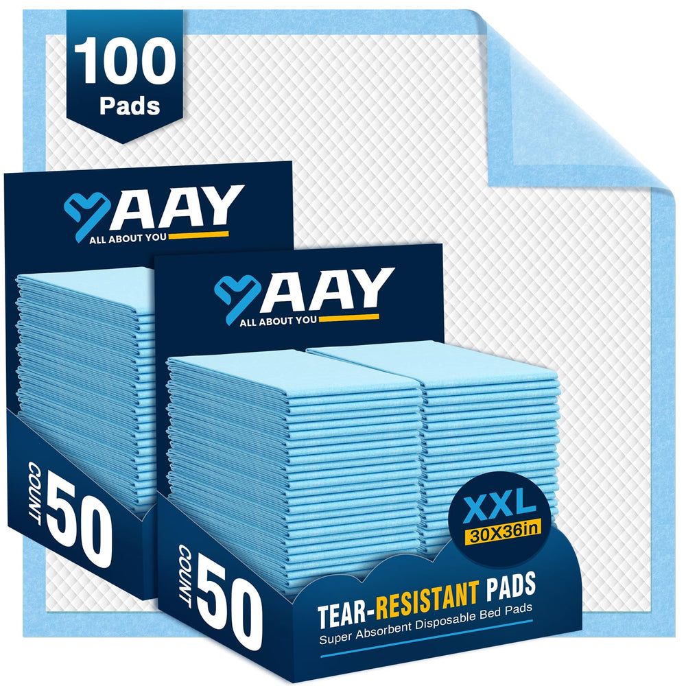 AAY disposable bed pads pack shot showing 100-count for easy protection