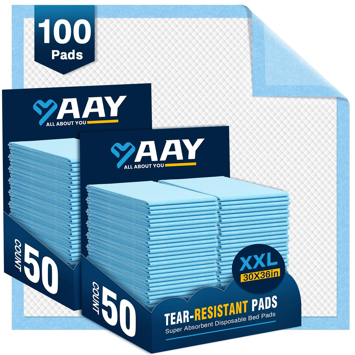 AAY disposable bed pads pack shot showing 100-count for easy protection