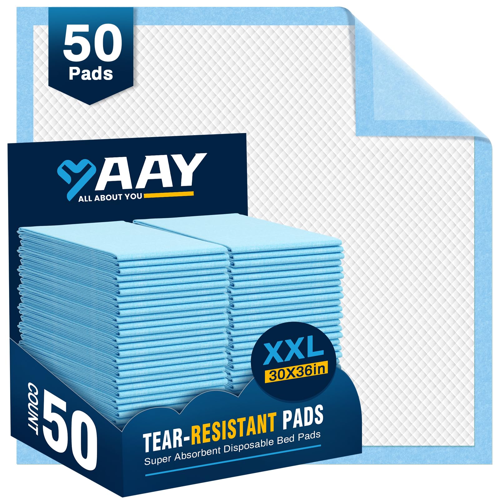 AAY disposable bed pads with cloth backing protect bedding from leaks.