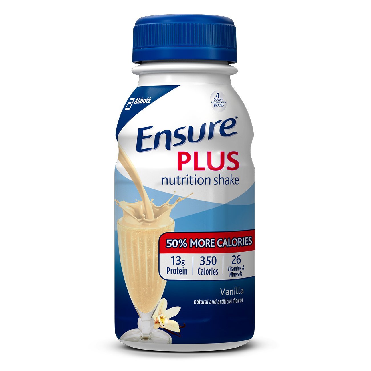 Abbott Ensure Plus Vanilla bottle front shows a ready-to-drink nutrition source for daily support.