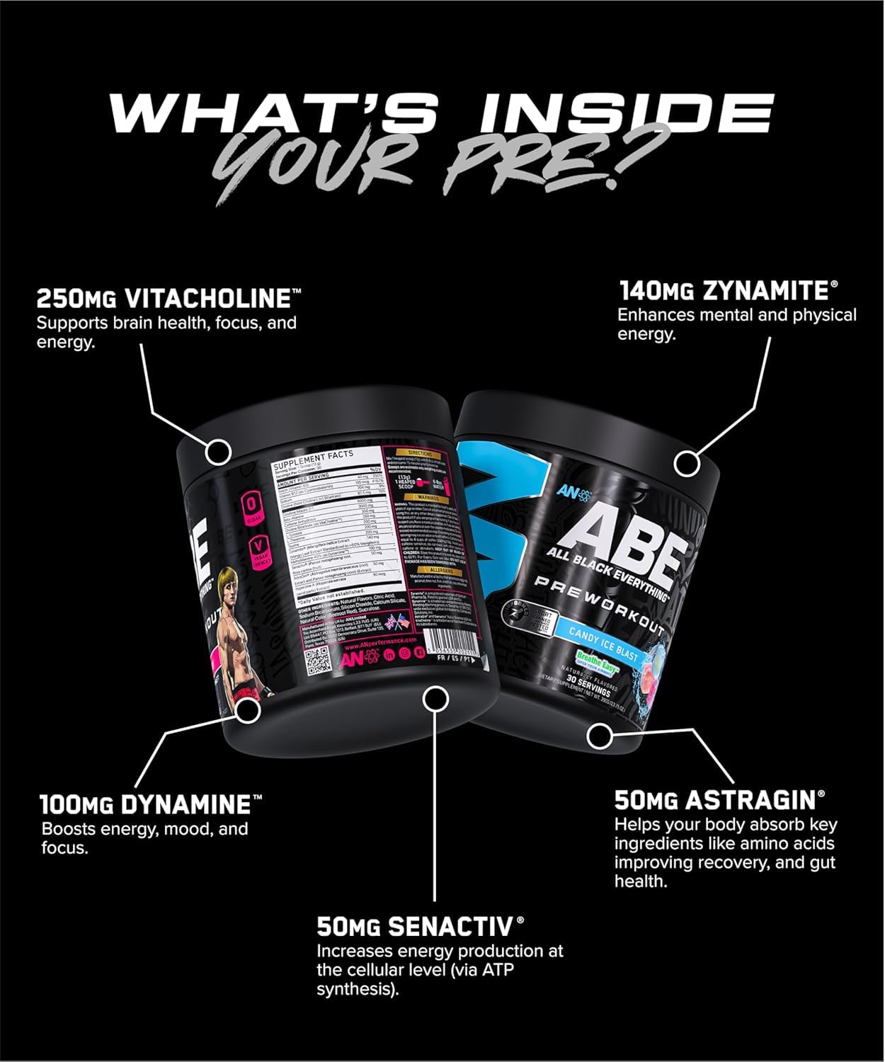 Blue Razz flavored ABE All Black Everything powder in glass for pre-workout