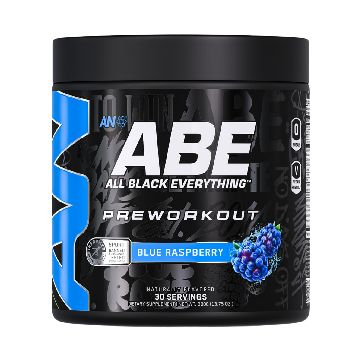 ABE All Black Everything powder can displaying bold design for clean energy during workouts