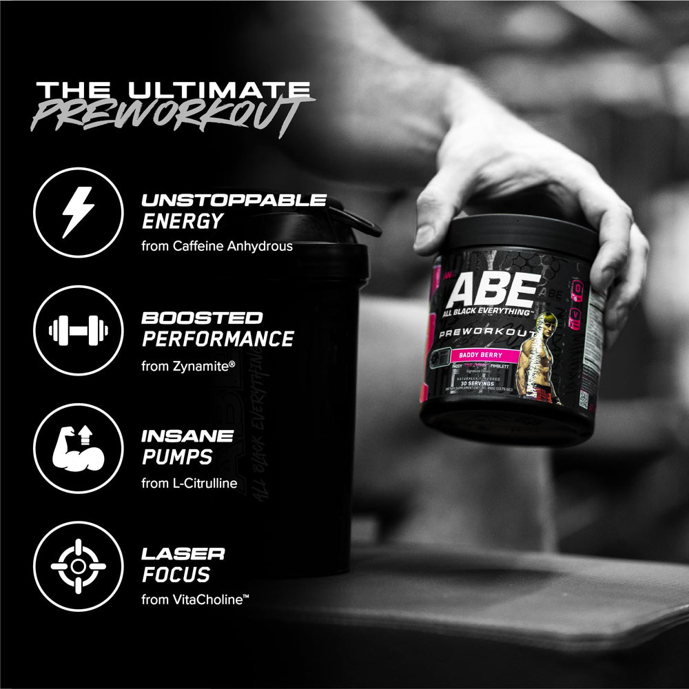 ABE All Black Everything pre-workout powder dissolving in water for smooth taste.