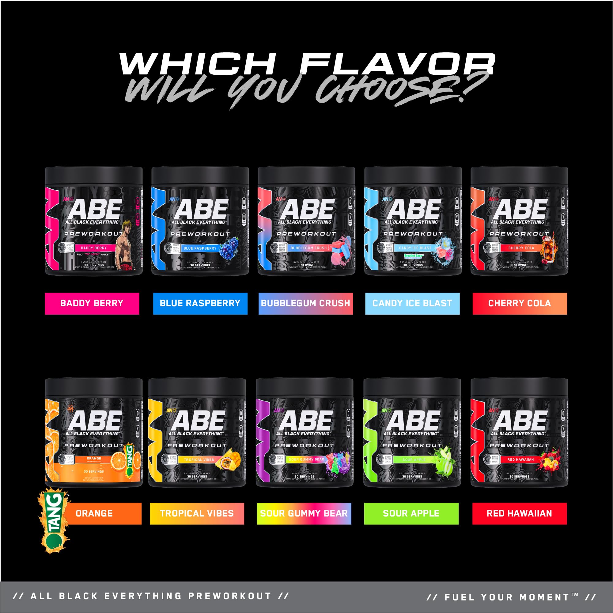 ABE All Black Everything pre-workout flavor options in cups for tasty endurance.