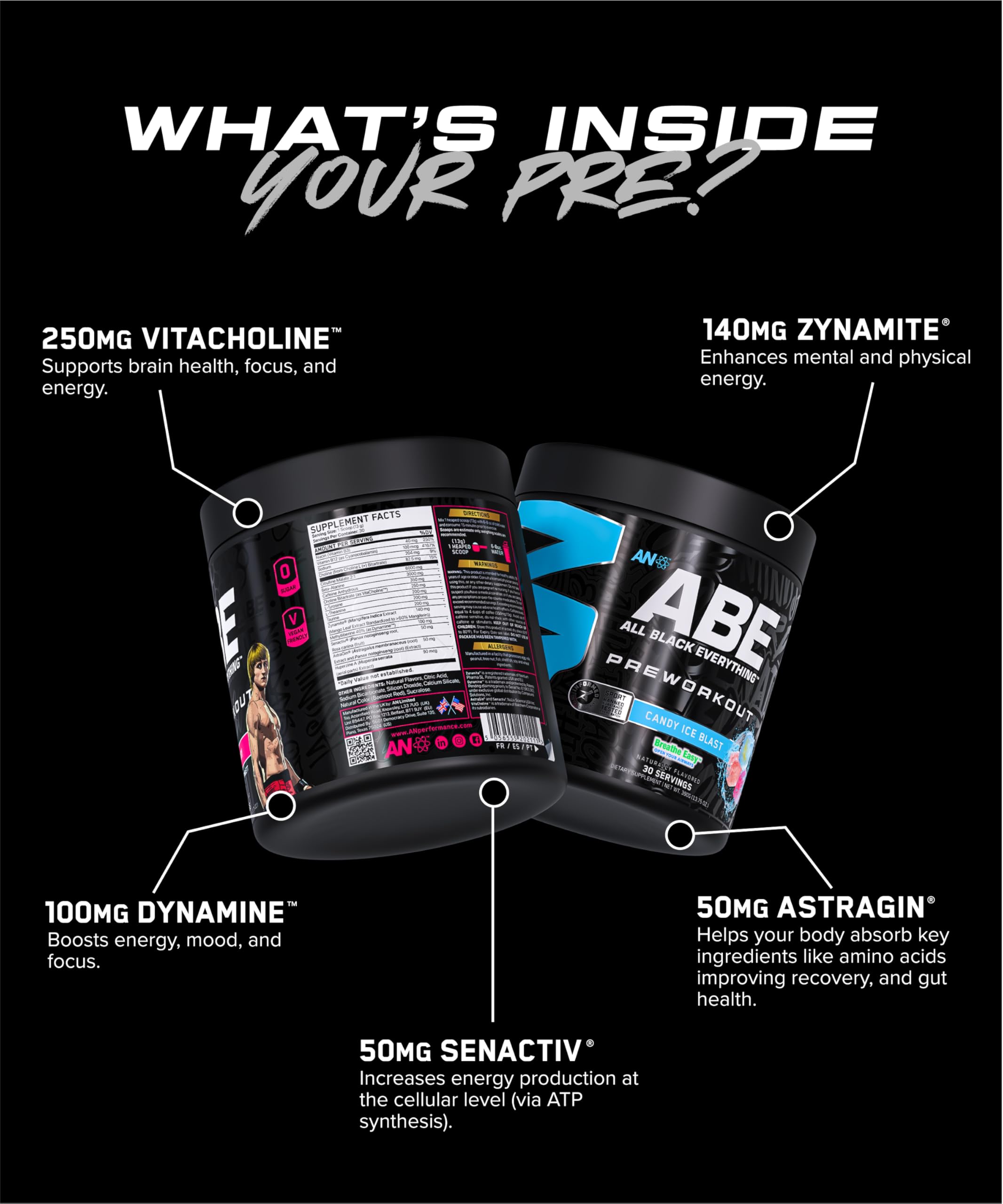 ABE All Black Everything pre-workout ingredients label featuring AstraGin and caffeine.
