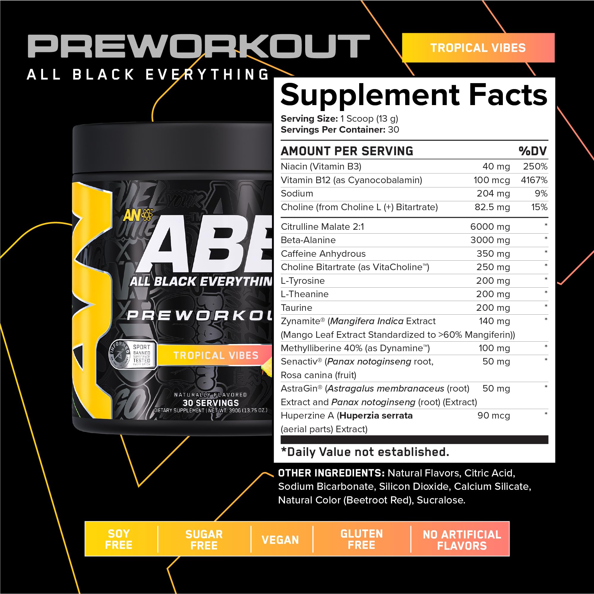 ABE All Black Everything pre-workout scoop over powder guiding quick mix for focus.