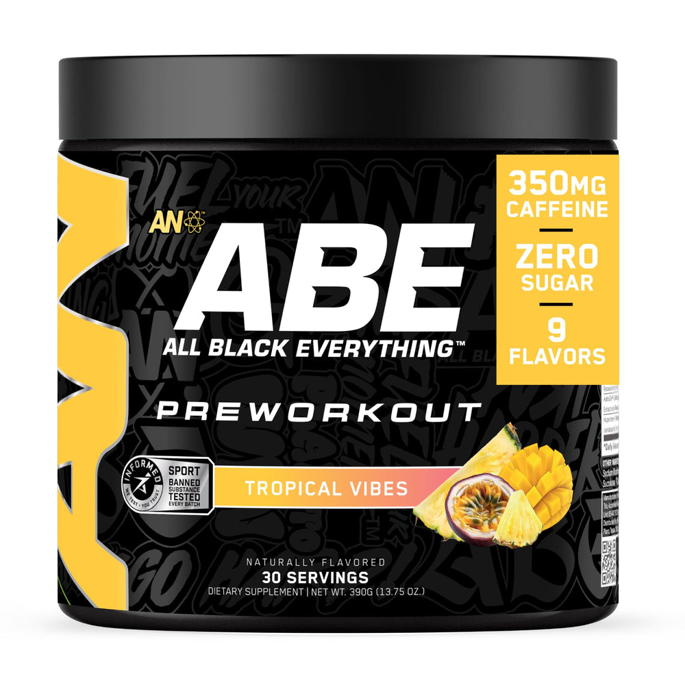 ABE All Black Everything pre-workout tub front shows premium powder for clean energy.