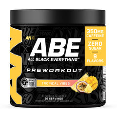ABE All Black Everything pre-workout tub front shows premium powder for clean energy.